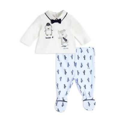 Boys White and Light Blue Printed Smock with Legging